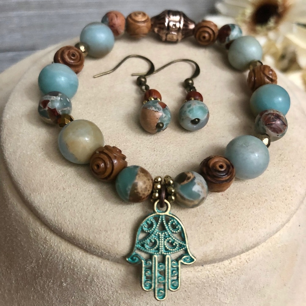 Hamsa Bracelet w/ Matching Earrings African Opal - Picture 3 of 7